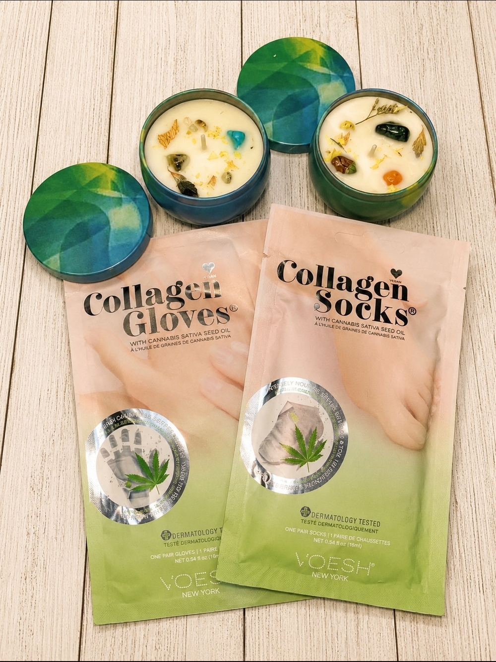 Voesh Collagen Gloves Socks Set & Soy Candles With Natural Stones